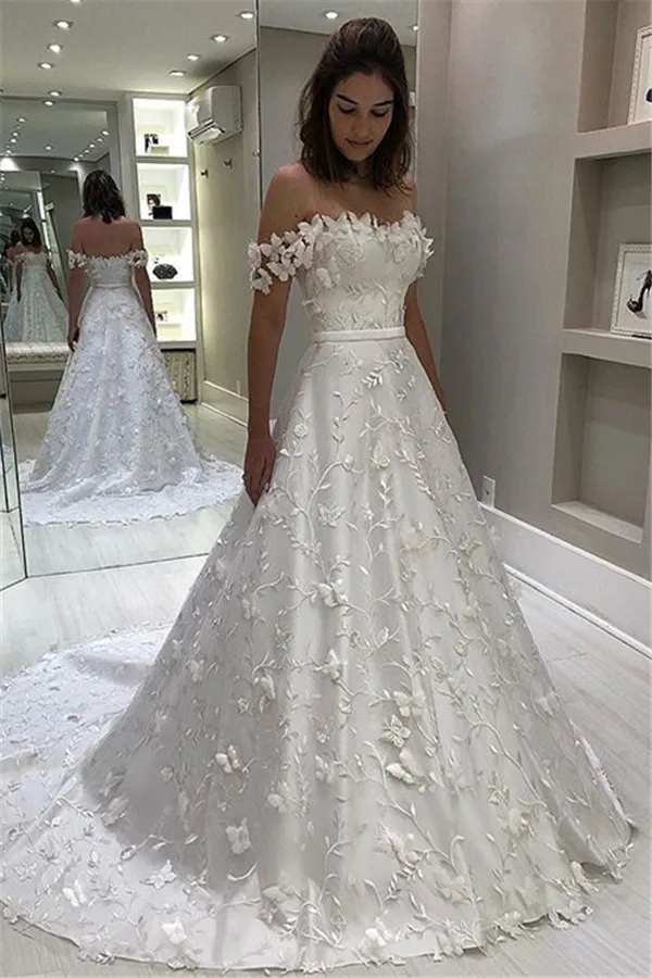 

Alexzendra Off the Shoulder A Line Wedding Dress 2019 Flowers New Bride Dress Bridal Gown Customize