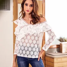 Для женщин топы Осень Для женщин выдалбливают рубашка с оборками от плеча футболки женские пикантные Slim Fit Пиджаки топы FR1036