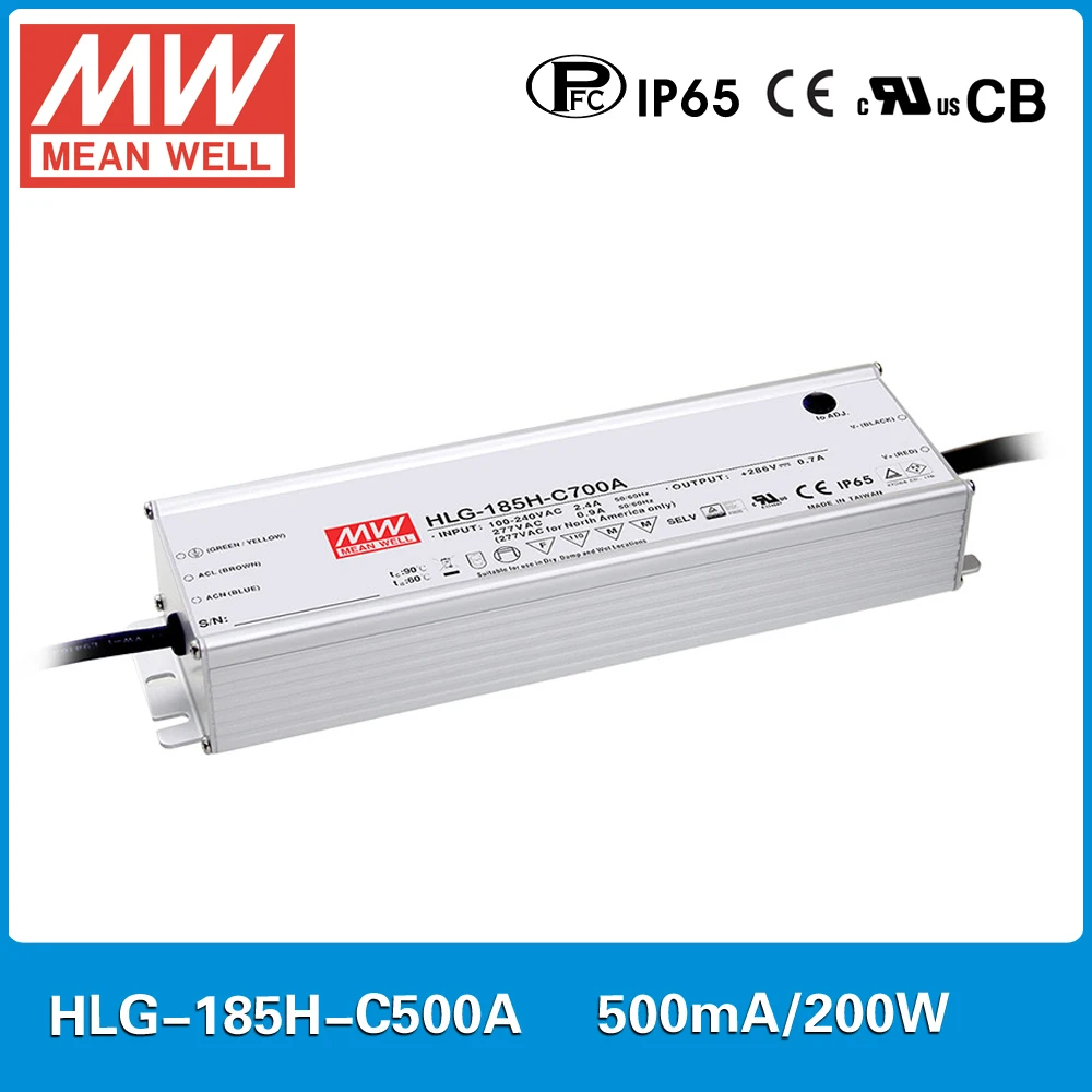 MEAN WELL constant current LED Power supply HLG-185H-C500A 200~400V 500mA 200W PFC waterproof and current adjustable A type