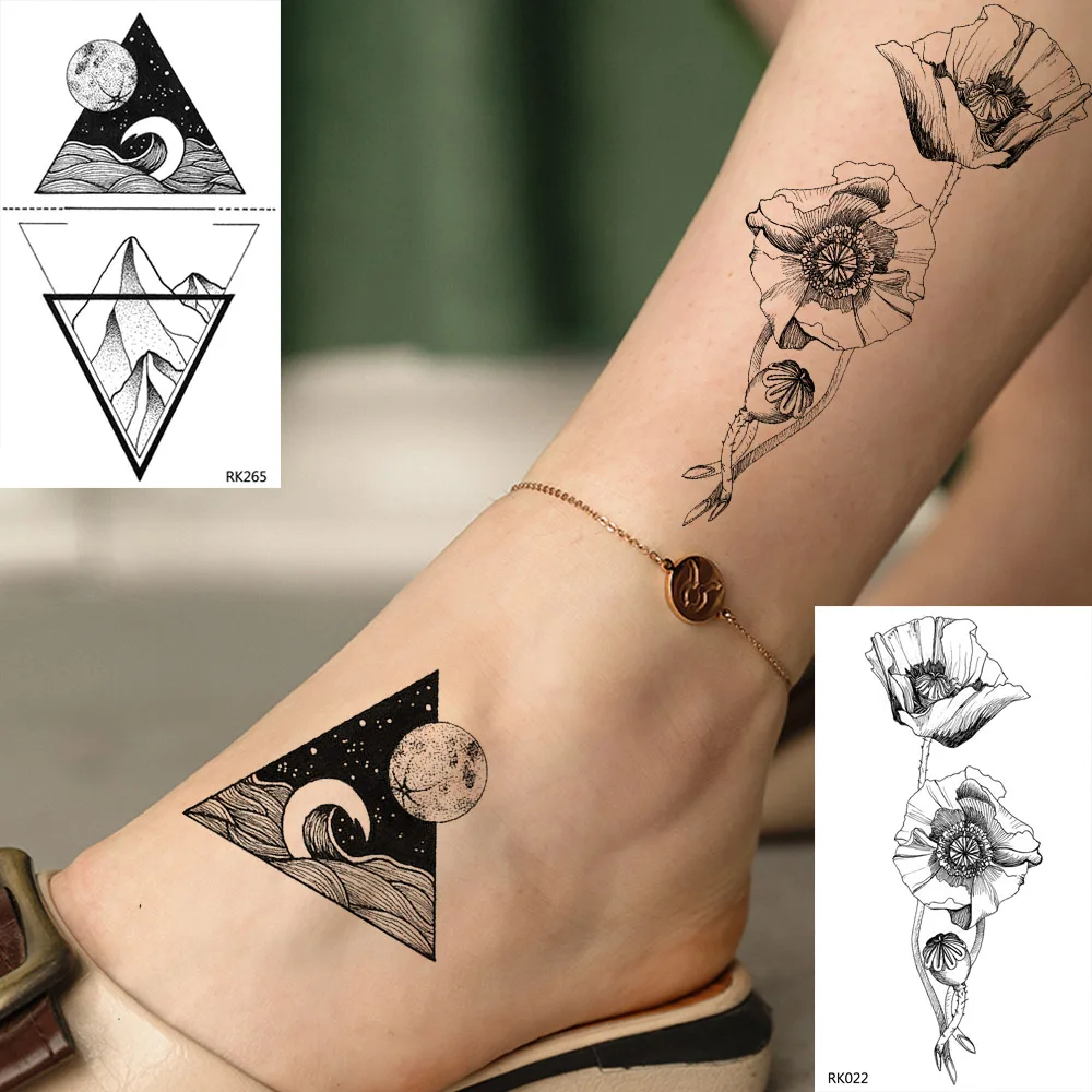 

OMMGO Cute Small Triangle Flower Rose Temporary Tattoos For Kid Arm Hands Sticker Star Moon Custom Body Art Mountian Fake Tattoo