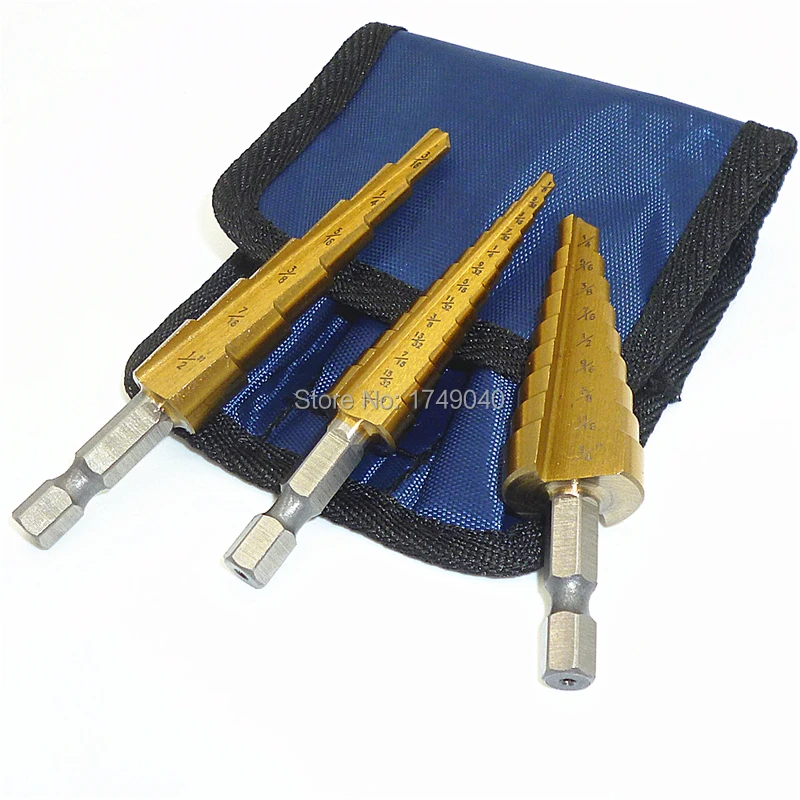 3pc Step Drill Bits Set 1/4" Hex Shank HSS Titanium Coated Cone Tools With Pouch 3/16"-1/2" 1/4"-3/4" 1/8"-1/2" |