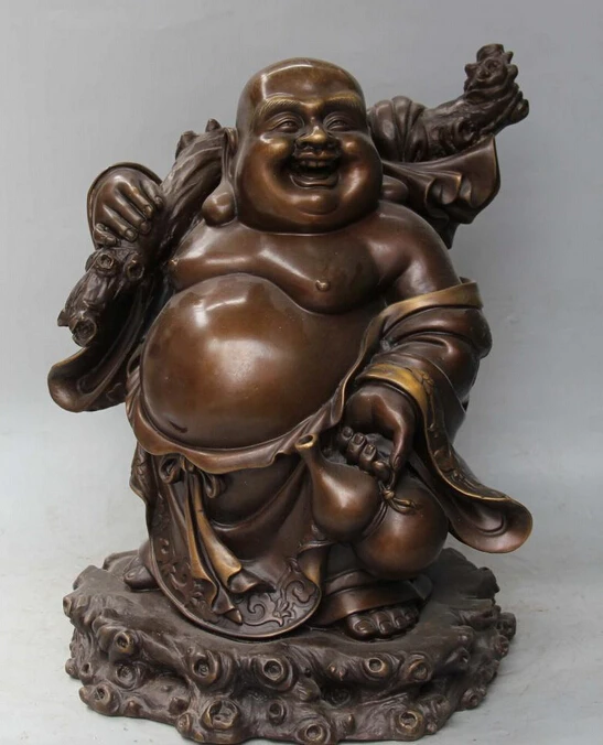 

shitou 002383 17" Chinese Bronze Happy Laugh Maitreya Buddha Crane Gourd Money Bag Statue