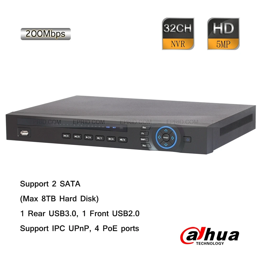 

Dahua 32CH 1U Gigabit RJ45 NVR 200Mbps 5MP ONVIF 2.4 4PoE 2 SATA 8TB HDMI