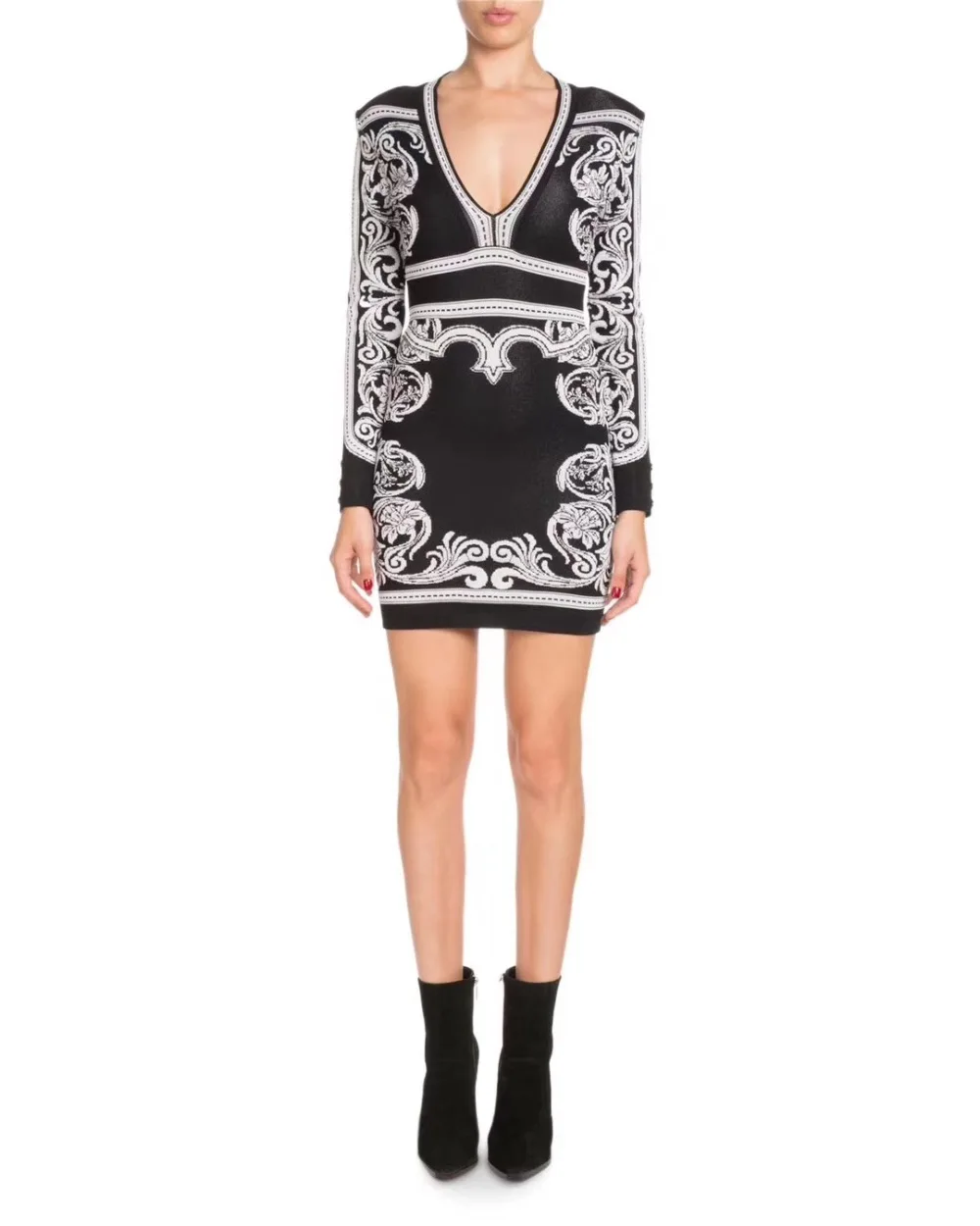 

2018 new style fashion dress sexy women full deep v-neck jacquard mini bandage celebrity body con party dresses wholesale