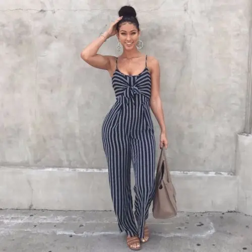 Fashion Women Striped Playsuits Sleeveless With Belt V-neck Jumpsuit Rompers Overalls Body Suit