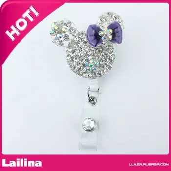 

Cute Clear Rhinestone Purple Bow Minnie Mouse Head Retractable White ID Badge Holder