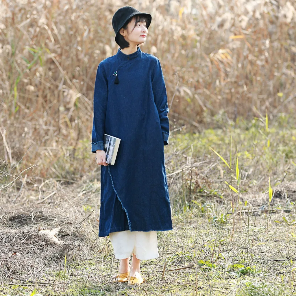 

Literary Original Cotton Linen Spring New Denim Linen Chinese-style Improved Long Sleeve Cheongsam Fur Dress