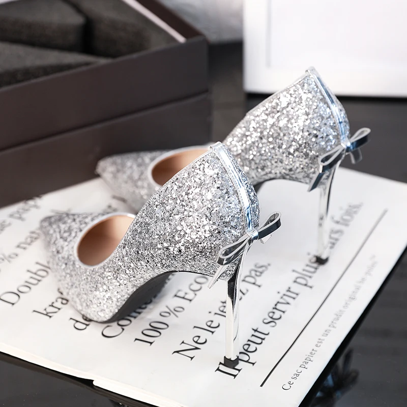 

NEW Sexy shoes woman party Pointed Toe Heels Crystal bling Silver Shoes high heels pumps 7cm 9cm Wedding Dress shoes
