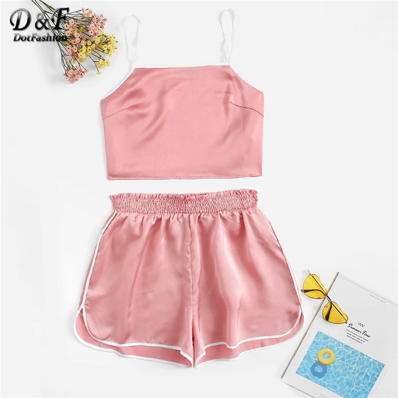 

Dotfashion Hot Pink Satin Cami Top And Contrast Binding Shorts PJ Set Pajamas For Women 2019 Summer Elegant Sleeveless Sleepwear