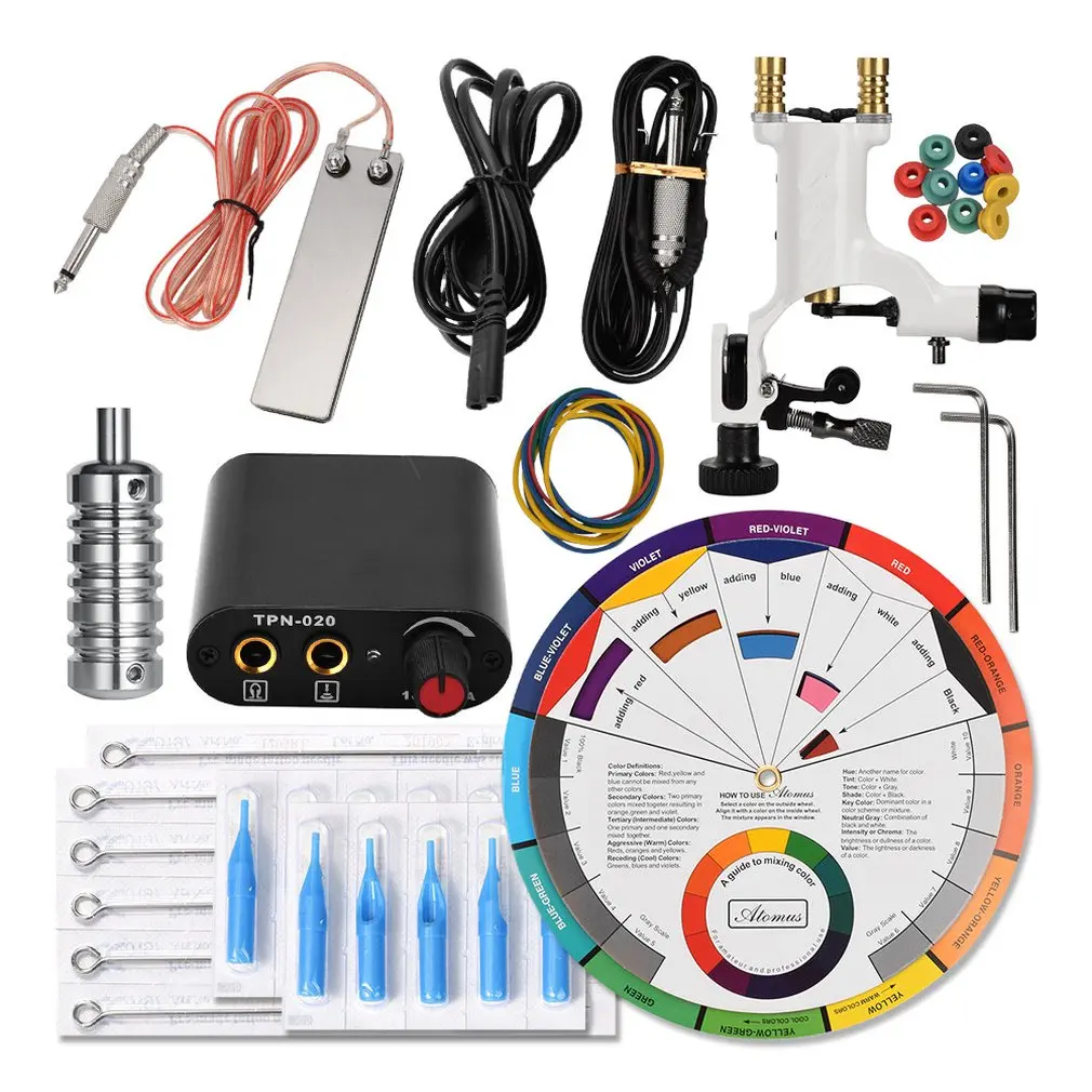 Tattoo Machine Kit Set Black Tattoo Accessories Sets Tattoo Pedal Color Wheel Rubber Band Pin Cushion set - Цвет: white EU