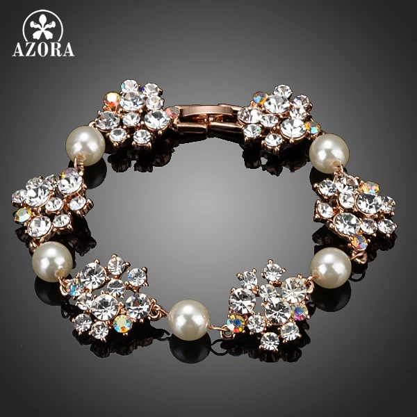 Azora шикарный розовое золото цвет Ясно Stellux австрийского хрусталя цветок переплетения браслет с жемчужными подвесками TS0046