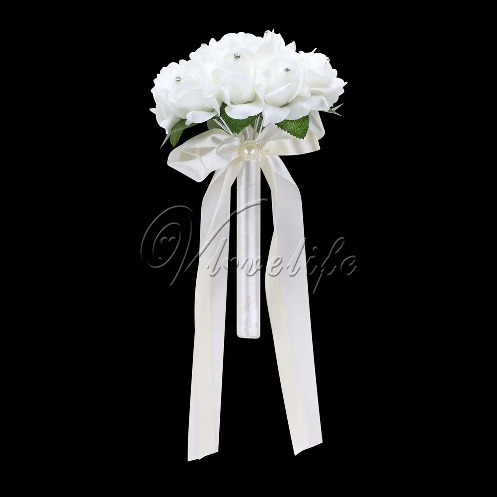 Белый свадебный букет, 10 стилей, свадебный букет, брошь, искусственная Роза, цветы с лентой, стразы, декор для свадебной вечеринки - Цвет: F