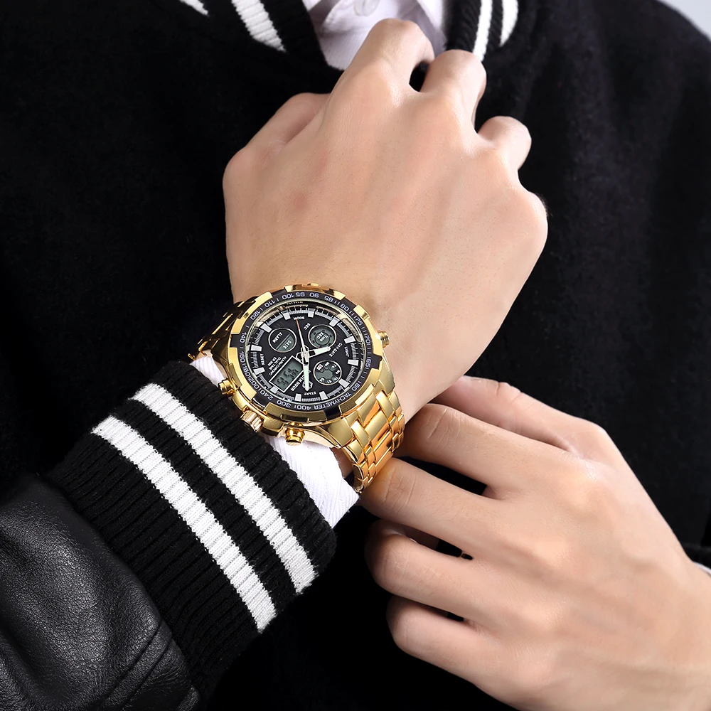 GOLDNEHOUR полностью стальные золотые часы для мужчин, Военные Спортивные кварцевые наручные часы, светодиодные цифровые часы 24 часа, мужские часы