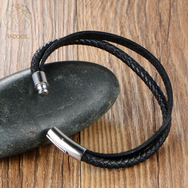 VB407 Korean Style Genuine Leather Bracelets Stainless Steel