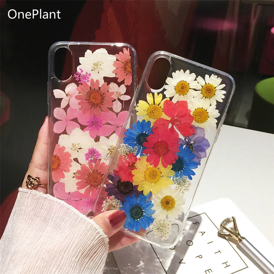 

OnePlant Dried Real Flower Handmade Clear Pressed Phone Case For iPhone 6 6S 7 8 Plus X XR XS Max Case Soft TPU Back Cover Capa