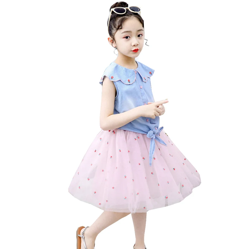 

Little Girls Summer Denim Cowboy Short Sleeve t shirt + Floral Tutu Tulle Skirt 2pcs Clothing Sets For Girls Clothes Sets New