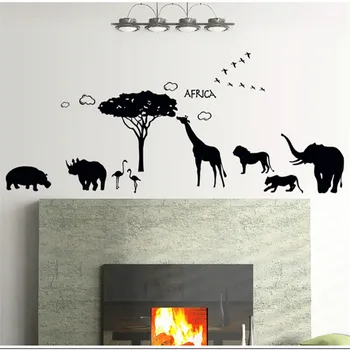 

Africa Black Tree Animals Silhouette Wall Stickers Lion Elephant Giraffe Rhino Flamingos vinyl Removable Self-adhesive Decals