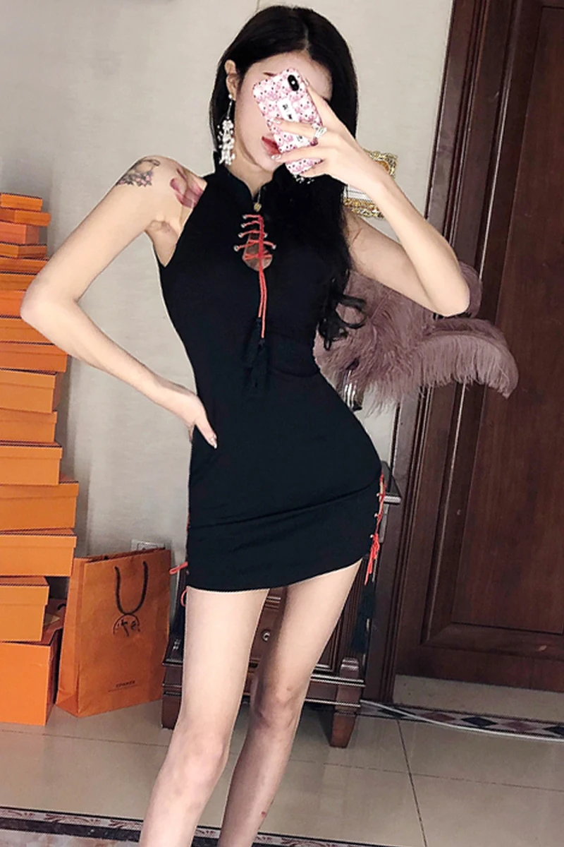 Сексуальное женское летнее платье с вырезами на шнуровке тонкое мини Cheongsam новое