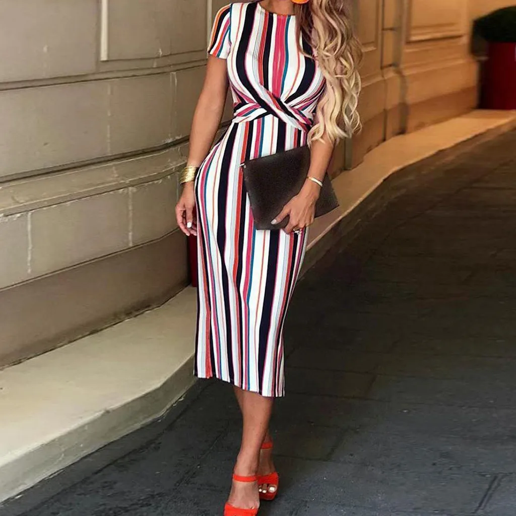 

feitong Fashion Women O Neck Short Sleeve Striped Sexy Bodycon Cocktail Prom Gown Dress robe soiree femmerobe ceremonie femme