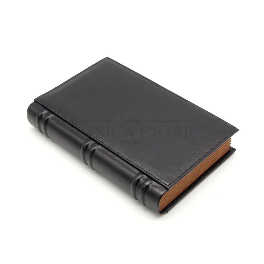 COHIBA элегантный дизайн книги кедровый деревянный ящик для сигар, портативный кожаный чехол для путешествий с обрезчиком, гигрометр - Цвет: Black No Logo