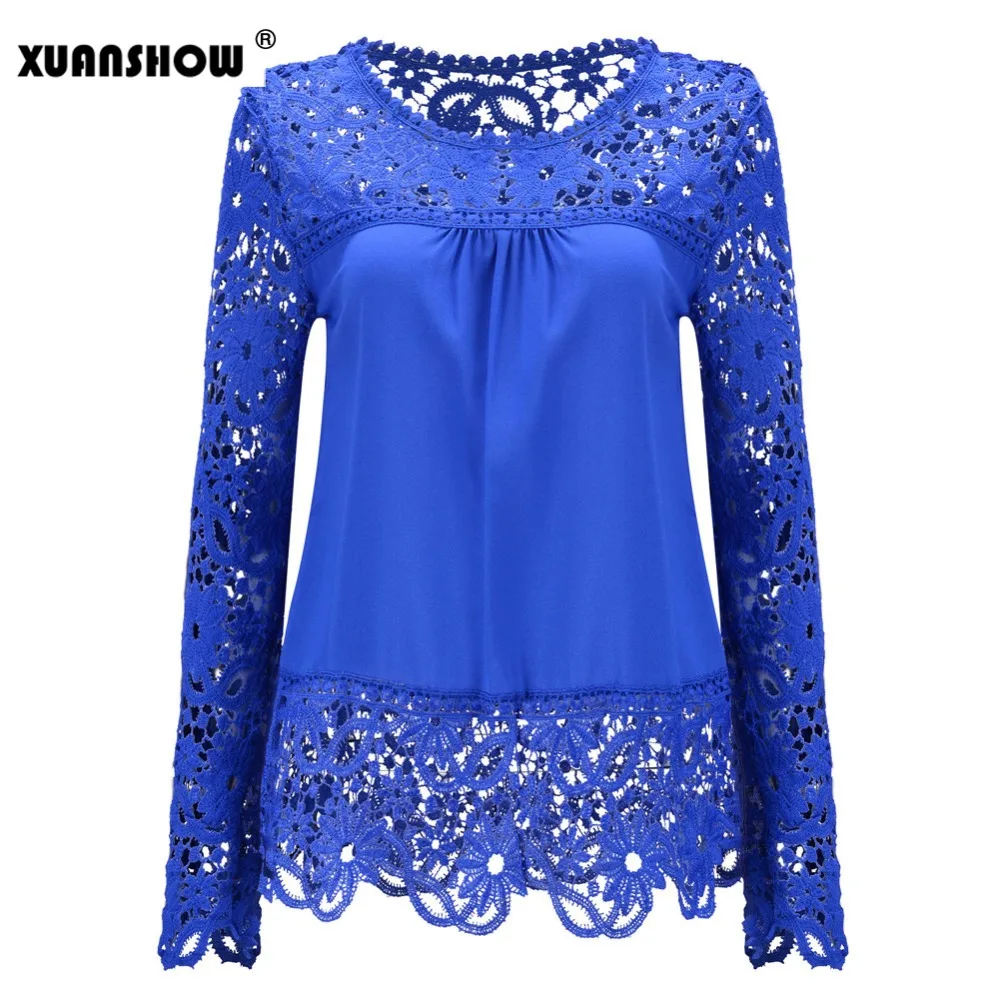 

2018 Fashion Women Sheer Sleeve Embroidery Lace Crochet Tee Chiffon Spring Summer Shirt Top Blouse Good Quality