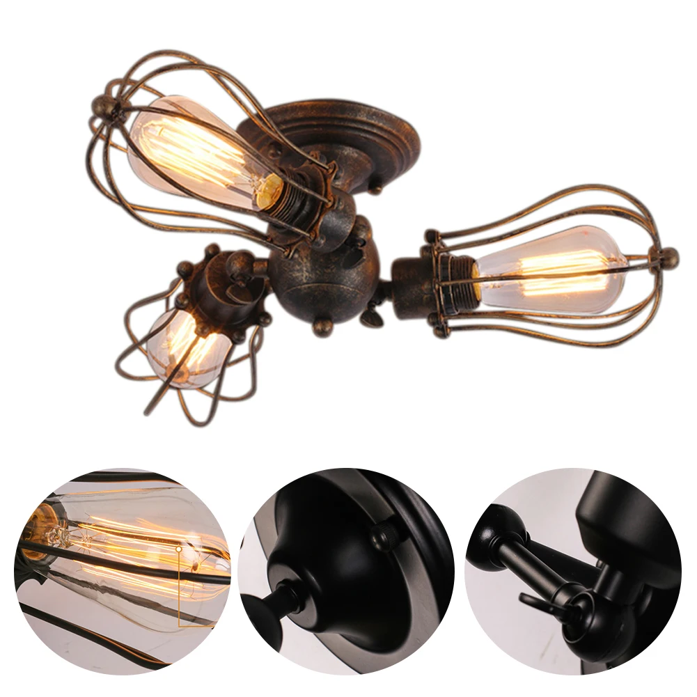 

Indoor Easy Install Iron Durable Chandeliers Vintage Industrial Decor Home 3 Lamp Fixture Black Adjustable Socket Ceiling Light