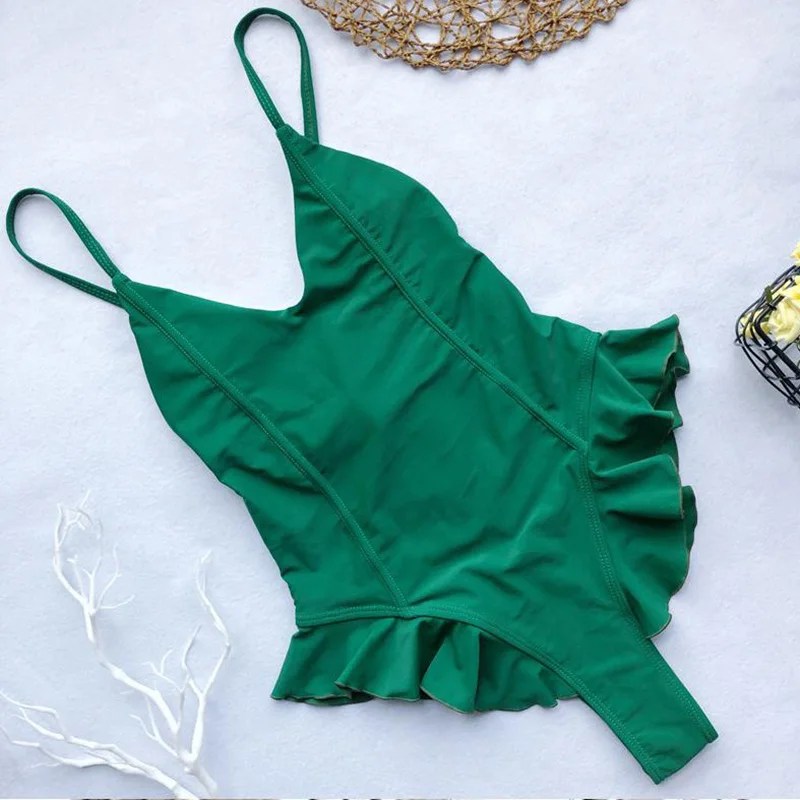 

4 colors New 2019 Women Swimwear Ruffled V Neck One Piece Swimsuit Female Monokini Sexy Bather Thong Bathing Suit Swim wear Lady