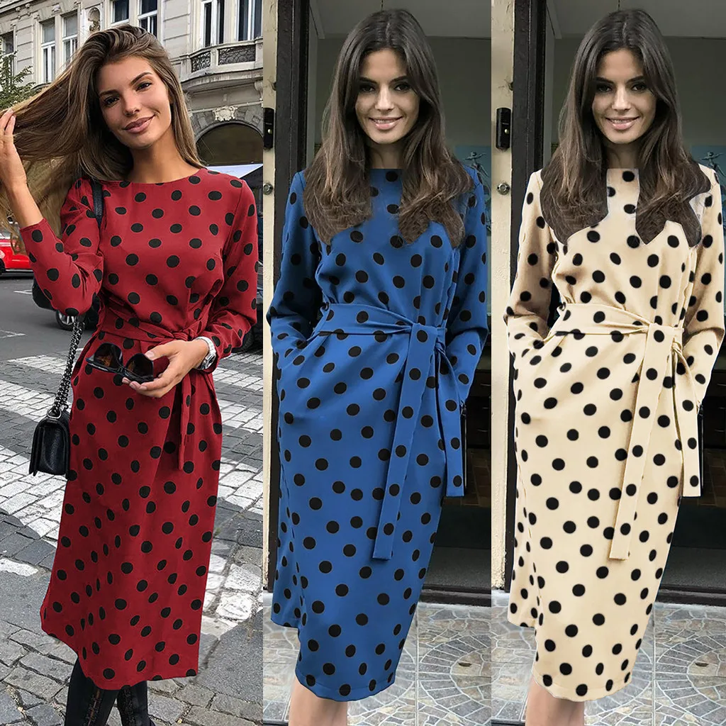 

NEW Women O-Neck dresses woman party night Casual Dots Long Sleeve Pockets Party Dress With Belt