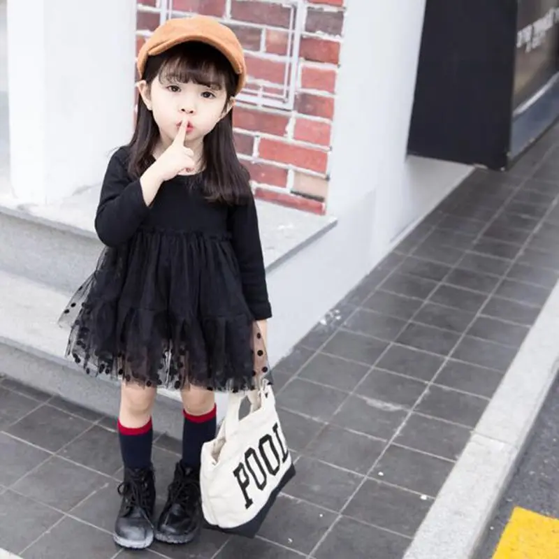 

2019 Spring Autumn Girls Dress Princess Long Sleeve Vestidos Black Kids Dresses for Girl Children Toddler Baby Clothes JW7220