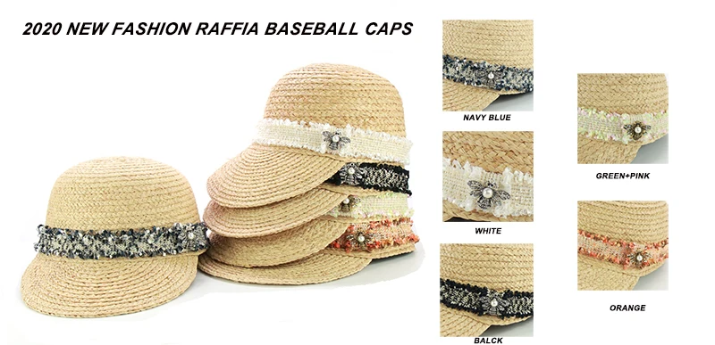 New Design Tweed Belt Raffia Baseball Caps Fashion Women Beach Hats With Bee Female Summer Straw Sun Visor Caps Wholesale