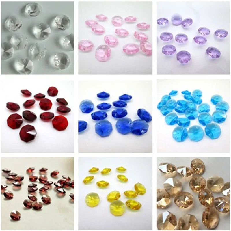 200PCS 14mm Crystal Octagon Beads K9 Crystal 2 Holes Diy Wedding& Home Decoration Crystal Chandelier Lighting Parts