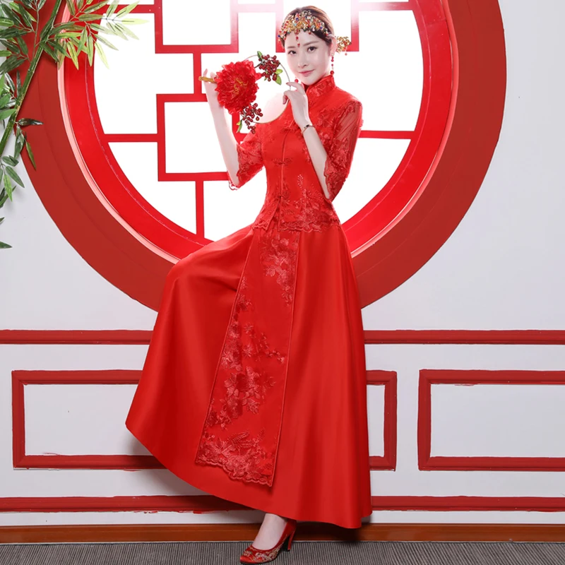

Traditional Red Women Marriage Suit Sexy Perspective Half Sleeve Cheongsam Ancien Bride Wedding Party Dress Embroidery Qipao