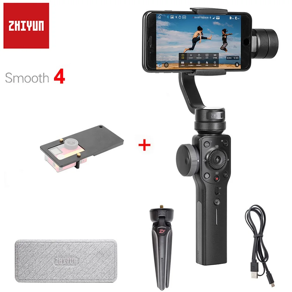 Zhiyun Smooth 4 3-осевой портативный монопод с шарнирным замком Портативный стабилизатор для iPhone X, 8 Plus, 8, 7 Plus, 7, 6S S9 S8 S7 экшн Камера для вертикальной съемки - Цвет: Black with Adapter