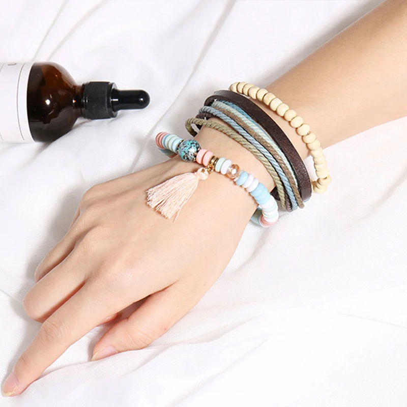 

NEW Bohemian wooden bead bracelet fashion woven PU leather rope bracelet four-piece men's and women's multi-layer bracelet VB960