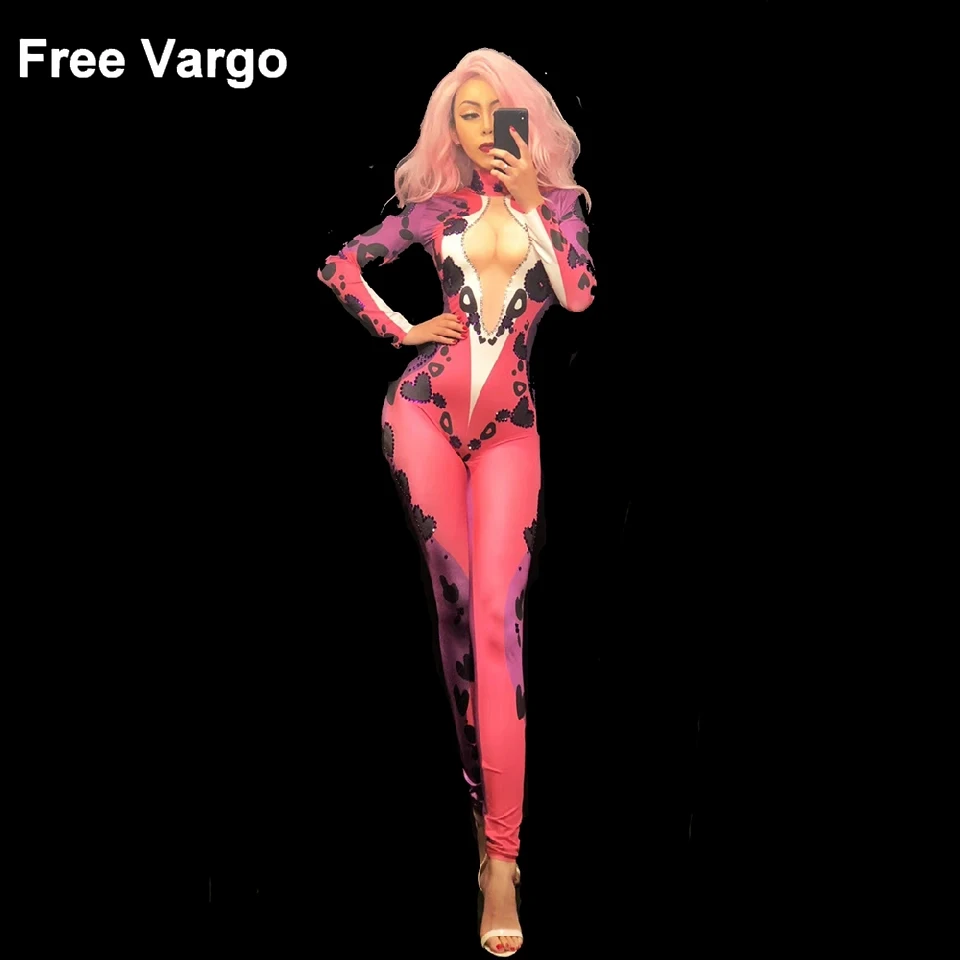 Women Red Jumpsuit 3D Printed Black Flowers Bling Crystals Bodysuit Nightclub Party Stage Wear Performance Costumes Women Red Jumpsuit 3D Printed Black Flowers Bling Crystals Bodysuit Nightclub Party Stage Wear Performance Costumes