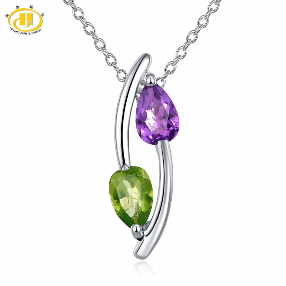 

Hutang Fashion Real Gemstone Pendant Amethyst Peridot Solid 925 Sterling Silver Fine Jewelry Fashion Style Women's Necklace Gift