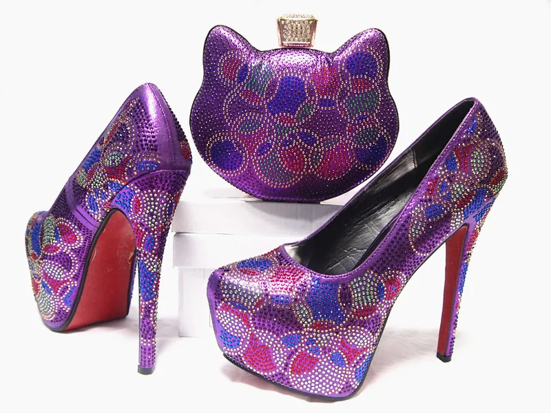 

Wedding Shoes and Bag High Heels African Shoes and Bag Matching Set Decorated with Rhinestone for Parties JA-5 Purple