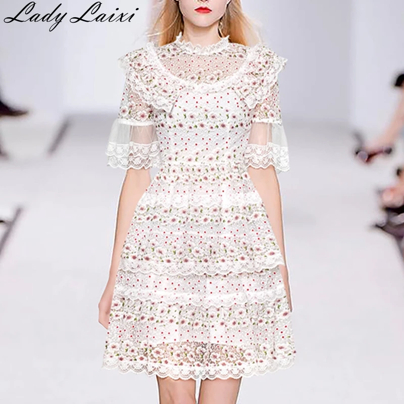 

2019 Summer Runway High Quality Perspective Mesh Lace patchwork Embroidery Dress Stand Collar Short Sleeve Ruffles Party Dress