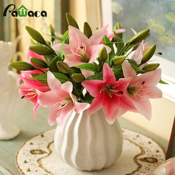 

11 PCs Artificial Flower Real Touch 3 Heads Lily Silk Flowers Bridal Bouquet Wedding Home Party Decorative Flowers Wreaths