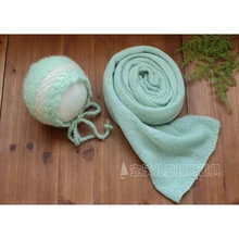 Светло-зеленый плед из ангорской козьей шерсти и мохеровый капор набор шапочка для новорожденного Вязаное детское одеяло фон Фотография реквизит слой