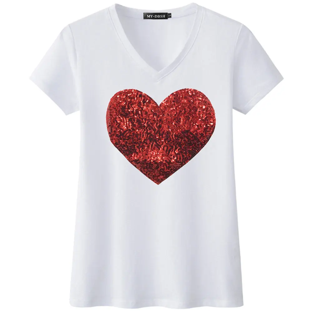 

T shirt Women 2019 Plus Size 5XL Summer New Arrival Red Love Heart Crochet Patchwork Short Sleeve V neck T-Shirt Female tshirt
