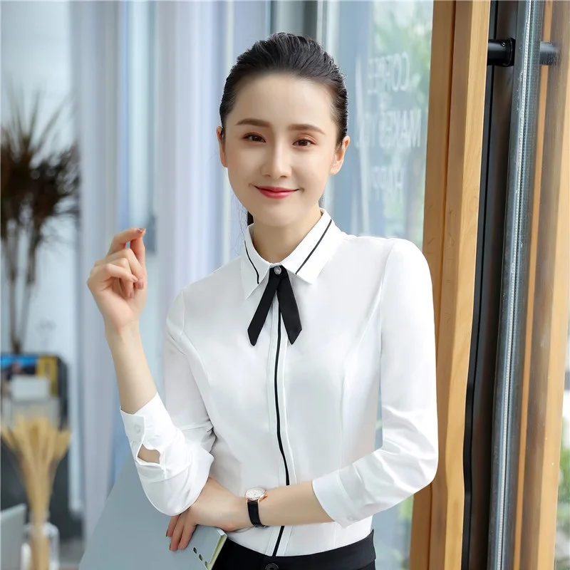 

2019 Spring Fall OL Styles Blouses and Shirts With Tie For Women Business Work Wear Female Tops Blouse Ladies Clothes White