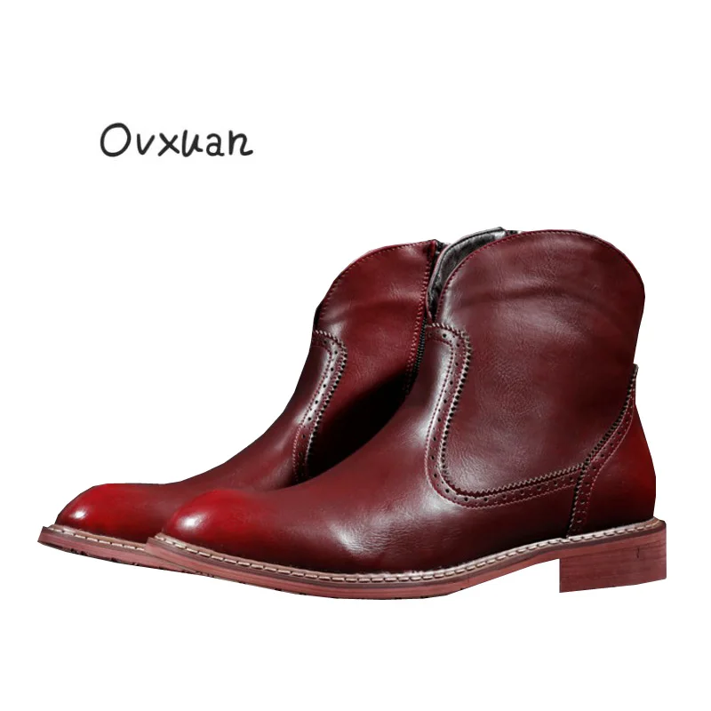 

Ovxuan Carved Genuine Leather Chelsea Ankle Boots Inside height increase Casual Oxford Martin Brogue Mexico Style Cowboy Boots