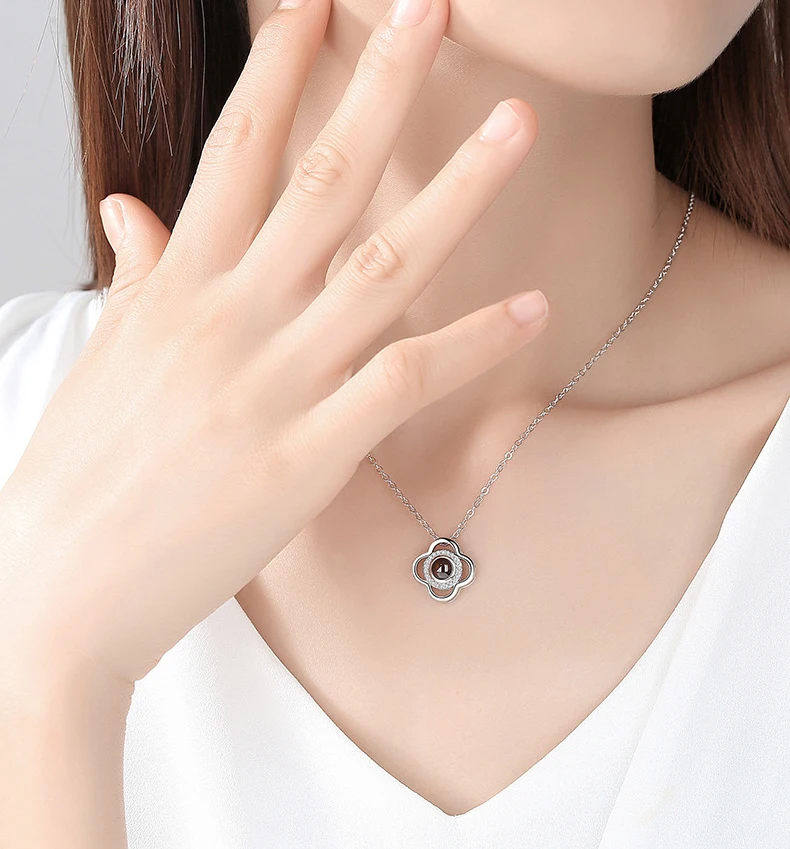 

Rose Gold & Silver 100 languages I Love You Pendant Necklace Sterling Silver Memory Projection Valentines Jewelry Gift