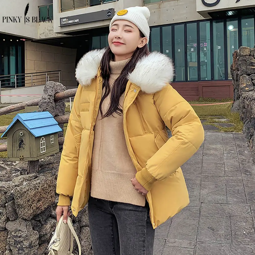 

PinkyIsBlack Winter Jacket Women New 2019 Coats Artificial Raccoon Hair Collar Female Parka Thick Cotton Padded Lining Jacket