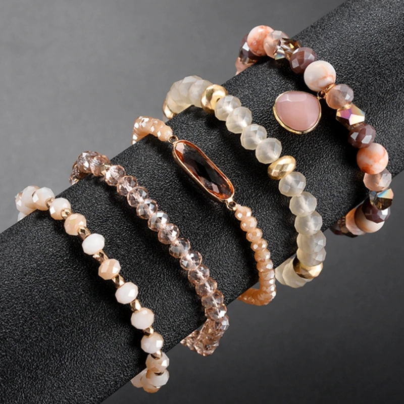 DANZE/5 шт./партия, красочные эластичные браслеты с кристаллами и бисером для женщин, красивый круглый каменный браслет с кисточкой, полые Ювелирные изделия с подвеской