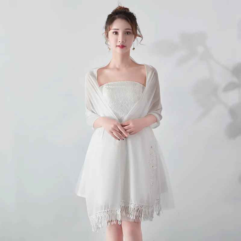 Long Chiffon Bolero Stole Lace Appliques Beaded Evening Dresses Wedding Shawls Wraps With Tassel Bridal Capes Party Ladies Scarf