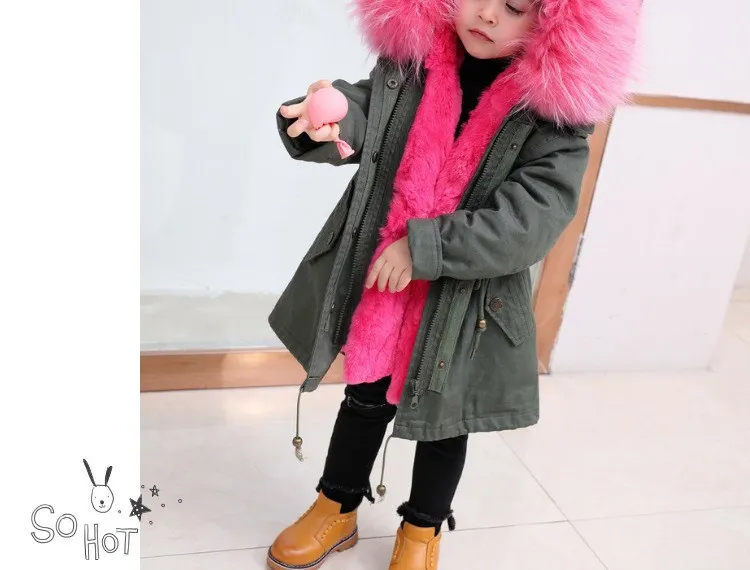Новое зимнее пальто с мехом для девочек, детское длинное пальто с воротником из меха енота и кроличьего меха