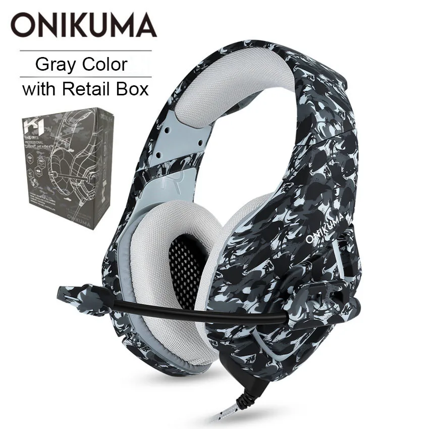 ONIKUMA K1 PS4 игровая гарнитура с микрофоном Casque камуфляж шумоподавляющие наушники для ПК сотовый телефон Xbox One ноутбук - Цвет: Gray Retail Package