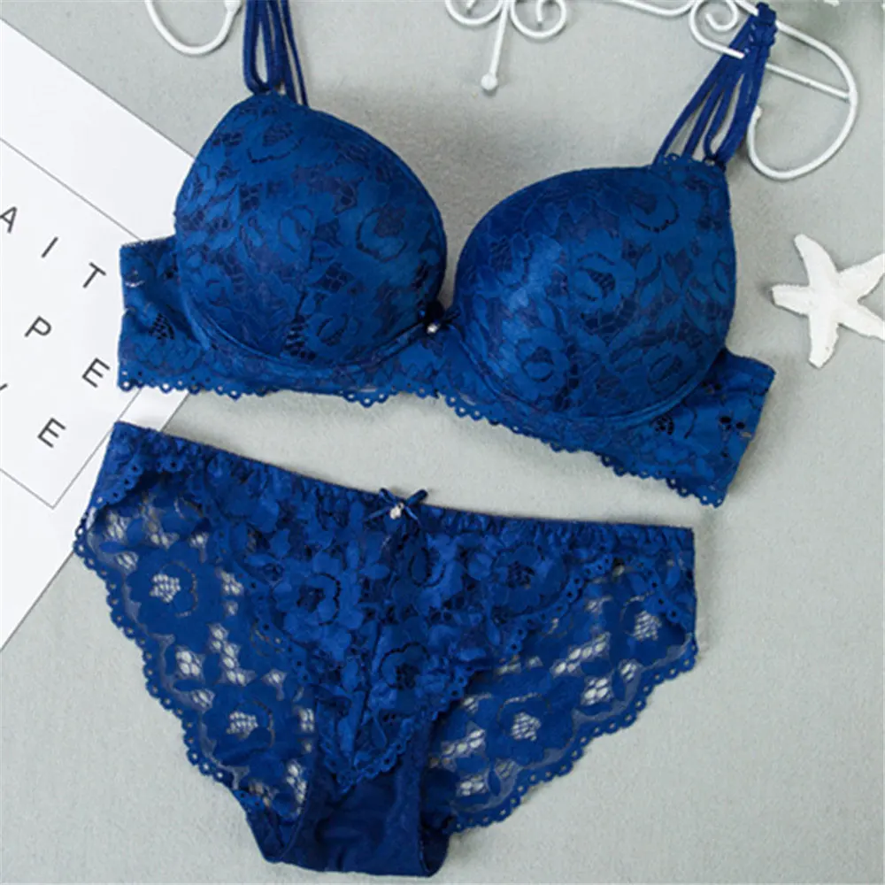 Underwear Set Sexy Lace Mesh Bra and Panty Flower Embroidery Push Up Seamless Adjustment A B Cup Lingerie For Women High Quality - Color: Blue